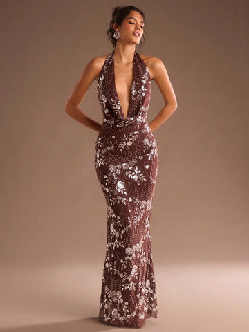 Turn heads at your next autumn or winter soirée in this stunning brown sequin maxi dress. The backless halter neckline creates an effortlessly chic silhouette, while cascading sequins catch the light with every move. Perfect for holiday parties, weddings, or any glamorous occasion, this dress delivers red-carpet worthy elegance with a playful twist. Slip it on and let your confidence shine as bright as the sequins.