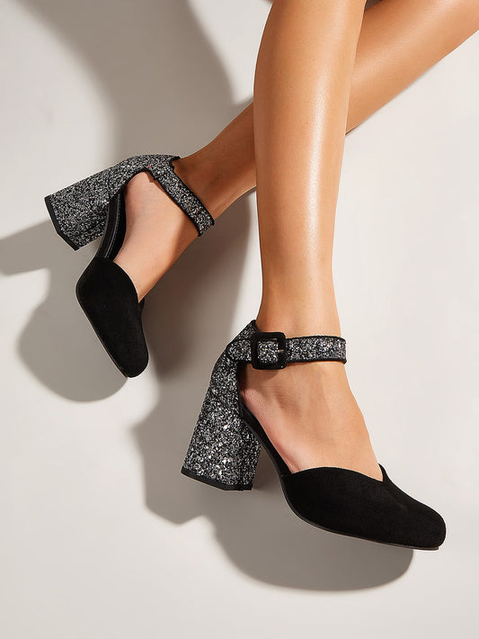 These pumps feature a chunky heel and ankle strap for a glamorous look. With a touch of sparkle, these pumps will add instant sophistication to any outfit. Effortlessly elevate your style and step out in confidence with these stunning pumps.