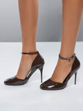 Coffee brown patent ankle-strap stiletto pumps with closed toes