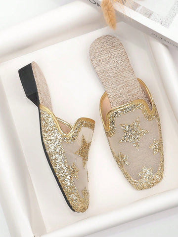 Step into sparkle with these Glamorous Glitter Star Mules! Designed for comfort and style, these breathable slip-on sandals feature a low heel perfect for summer days and nights. Whether paired with your favorite dress or casual outfit, their shimmering star detail adds a fun, dazzling touch to every step. Easy to wear and effortlessly chic, these mules are your go-to for sunny adventures and playful evenings.