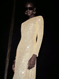 Turn heads at your next special event in this stunning gold sequin evening gown. The shimmering sequin fabric catches the light with every movement, while the daring backless design adds an irresistible touch of allure. Delicate diamond details elevate the look with sophisticated sparkle, making this the perfect choice for galas, proms, or unforgettable nights out. The flowing silhouette flatters your figure while the luxe materials ensure you'll feel as fabulous as you look. Slip into glamour and own the r
