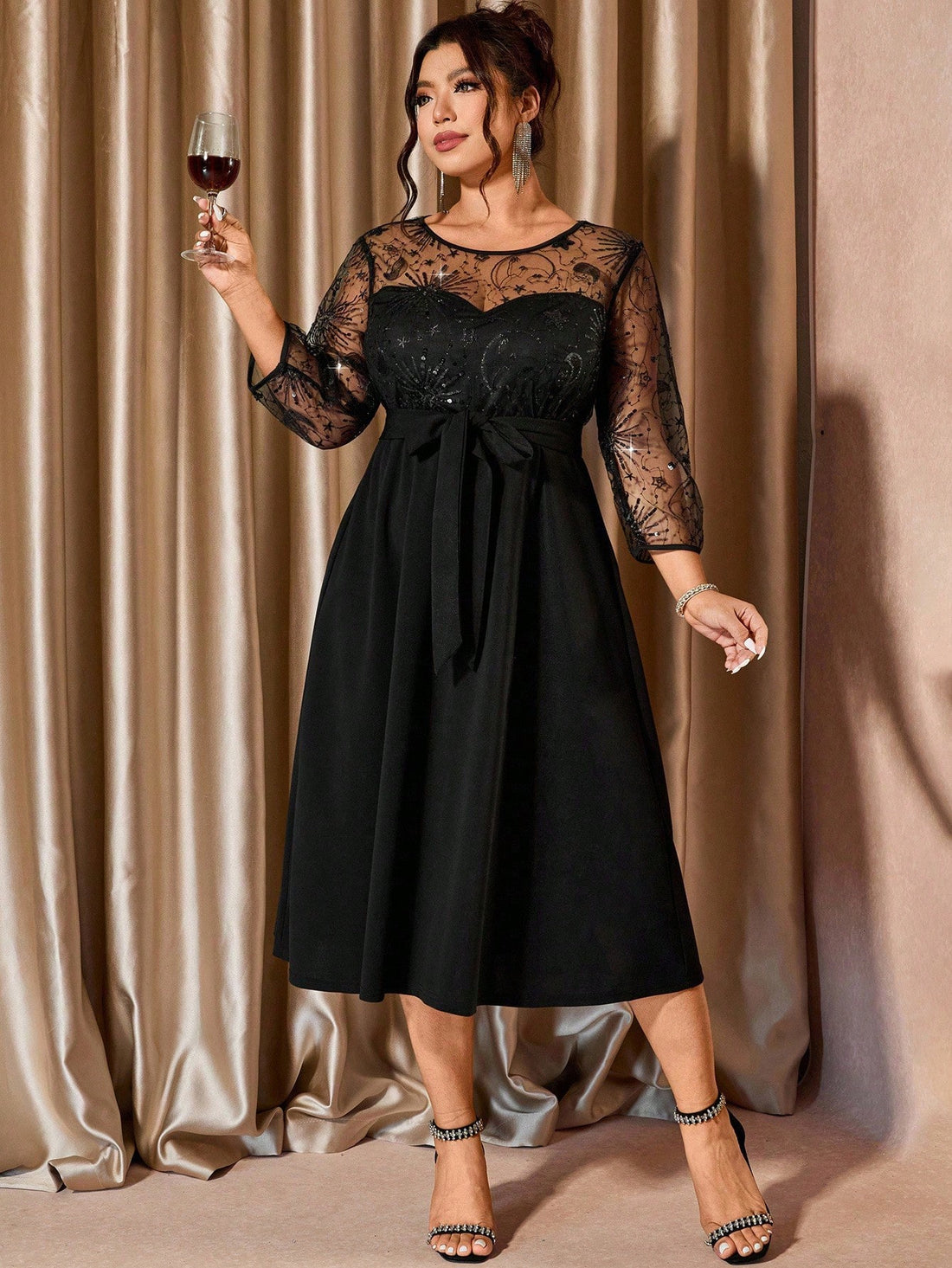 Shine bright and steal the spotlight in this glamorous plus size sequin patchwork dress. Its playful tie waist flatters every curve, while the dazzling sequins add a touch of sparkle perfect for any event. Celebrate your style with a dress that’s as fun and fabulous as you are!