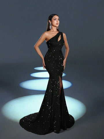 Turn heads at any formal event with this glamorous sequin one-shoulder dress. Featuring a dazzling mermaid hem that hugs your curves and a bold split for a touch of drama, this dress combines elegance with a playful edge. Sparkle confidently and dance through the night in style and comfort.
