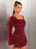 Add a touch of glamour to any occasion with our Glitzy Elegance dress! The sequin detailing, square neckline, and A-line silhouette create a stunning and elegant look. And with its sleek backless design, you'll be sure to turn heads and make a statement at any party.