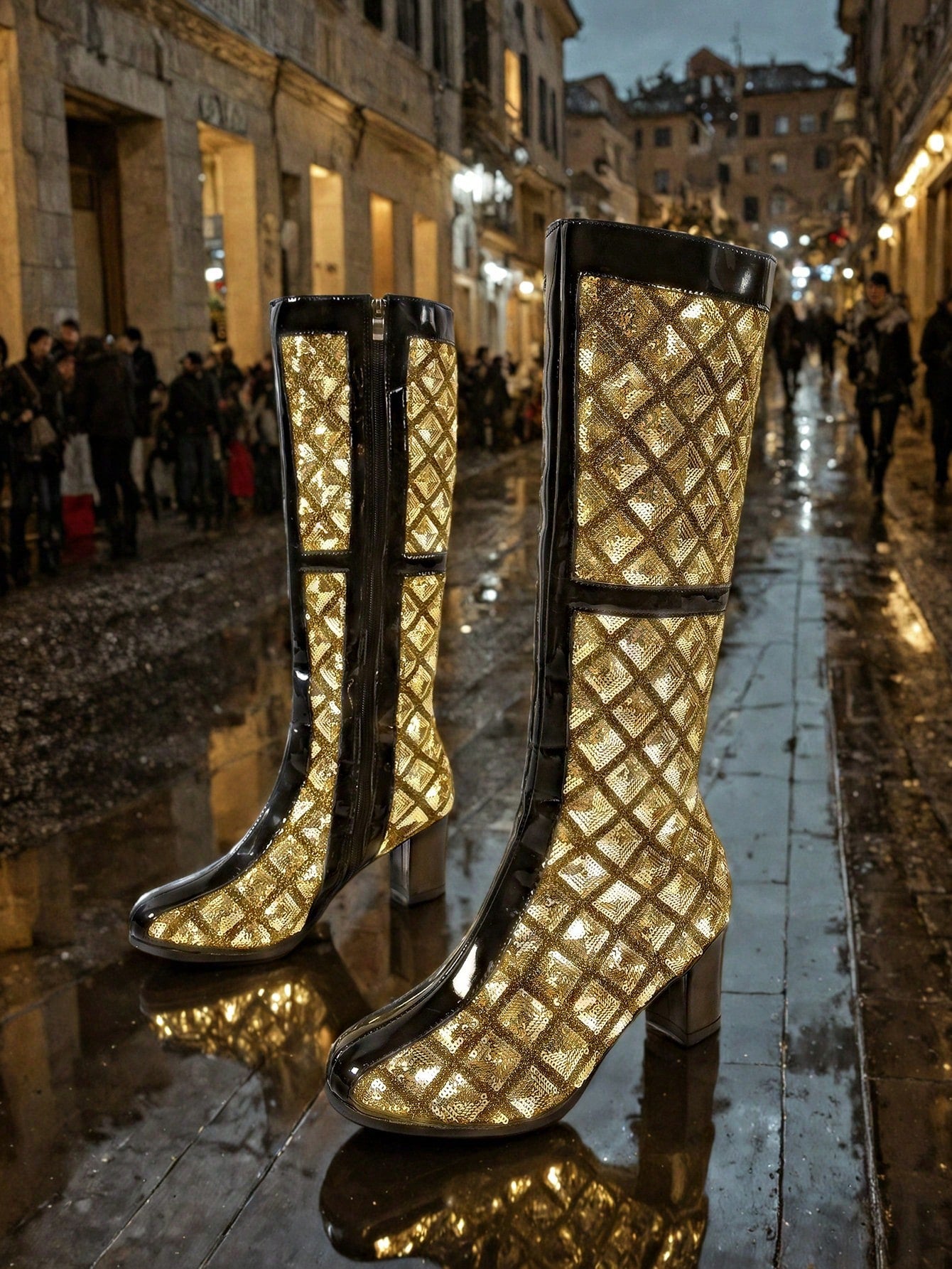 Step into the ultimate party elegance with Glitzy Glam: Women's Over-the-Knee High Heel Sequin Boots. With sparkling sequins and a bold high heel, these boots will elevate any outfit for a night of fun and glamour. Say goodbye to boring shoes and hello to a glitzy and glamorous look with these boots.