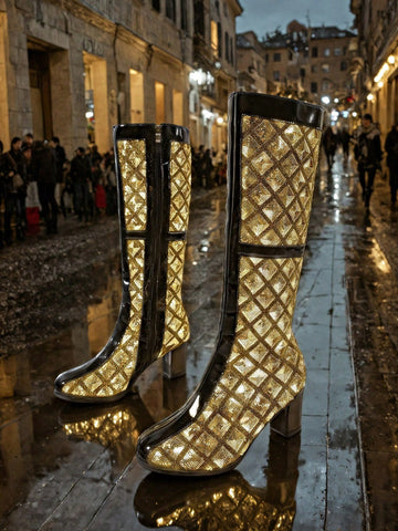 Step into the ultimate party elegance with Glitzy Glam: Women's Over-the-Knee High Heel Sequin Boots. With sparkling sequins and a bold high heel, these boots will elevate any outfit for a night of fun and glamour. Say goodbye to boring shoes and hello to a glitzy and glamorous look with these boots.