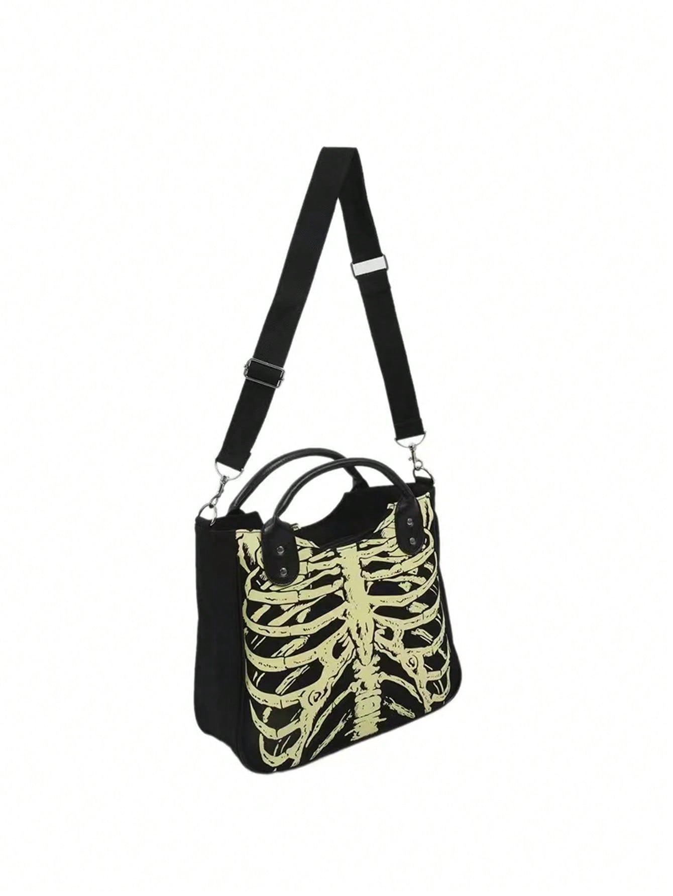 This gothic handbag will certainly turn heads with its unique glowing skeleton skull design. Made for those who dare to stand out, this tote not only adds a touch of edgy style to your outfit but also provides ample storage for your daily essentials. Make a bold statement with this must-have accessory.