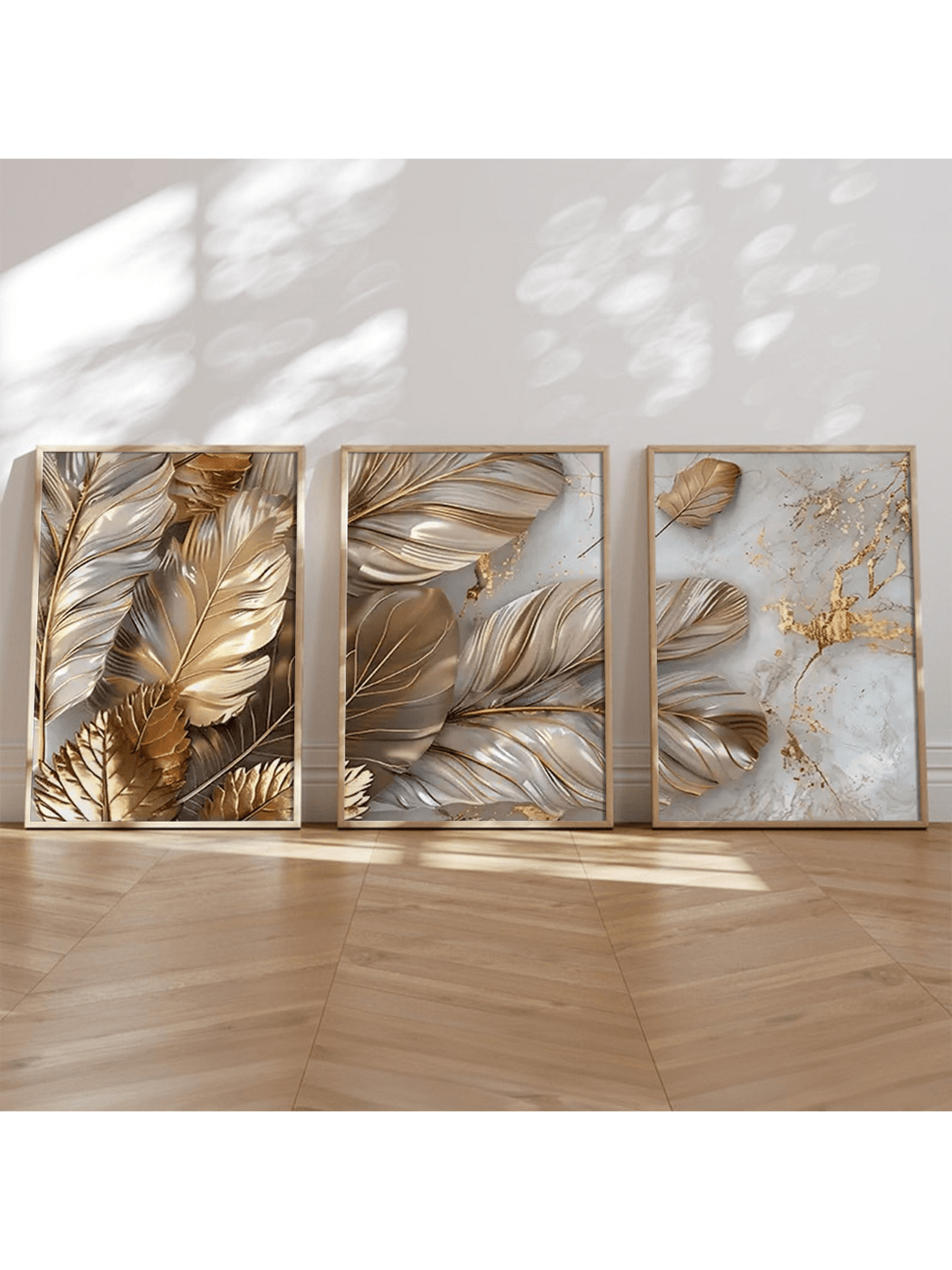 Bring a touch of golden whimsy to your walls with this 3-piece set of abstract plant leaves. Perfectly playful yet luxuriously stylish, these botanical art pieces effortlessly brighten any home, office, or dorm room. Invite a splash of shine and nature-inspired charm to your space while keeping things modern and fun.