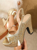 Stylish Gold High Heel Sandals for Women - Comfortable Thick Sole for Spring/Summer Parties