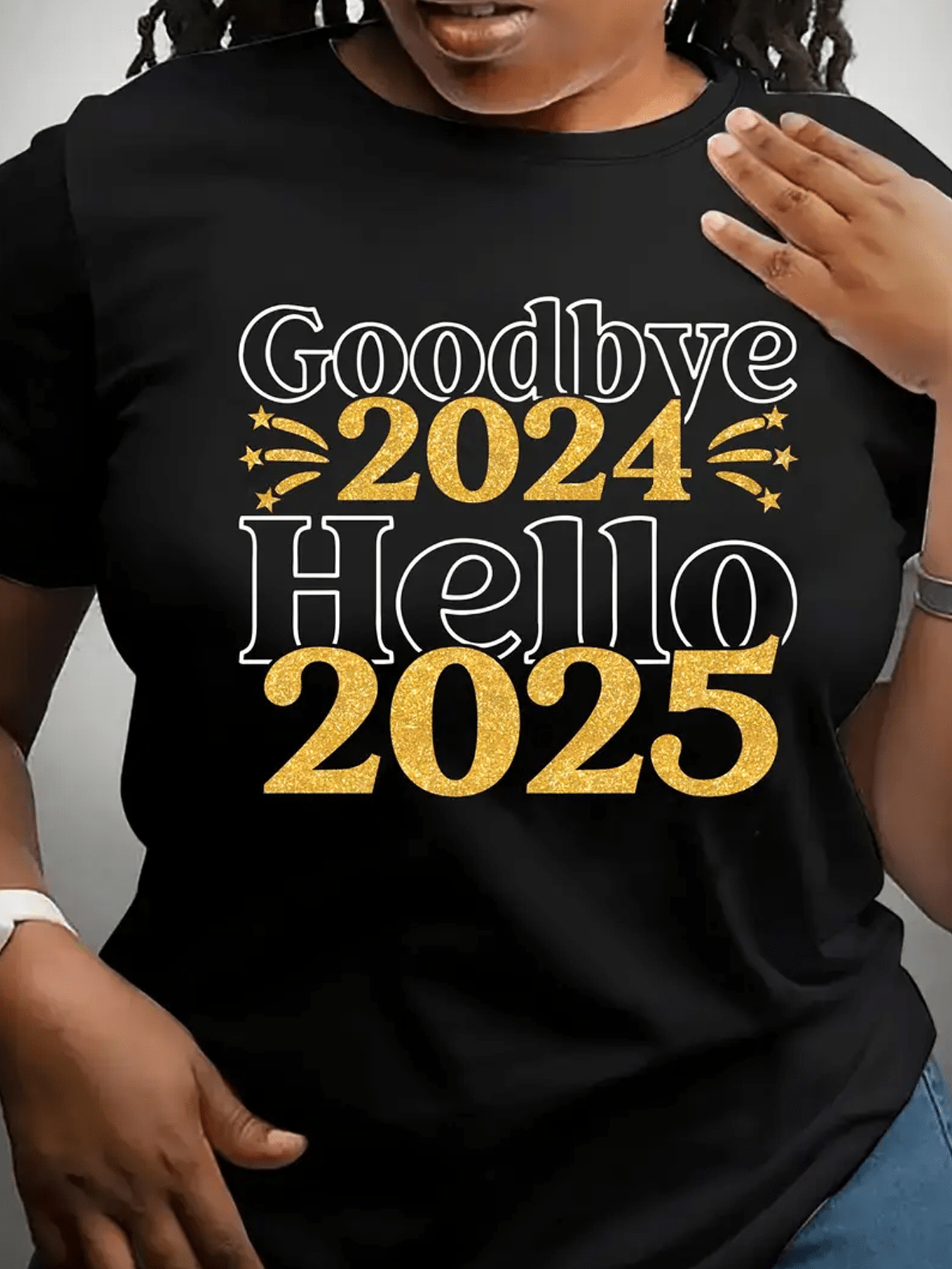 Step into the new year with style and humor with our "Goodbye 2024, Hello 2025" graphic tee! Perfect for everyday adventures, this trendy shirt will make you stand out and bring a smile to everyone's face. Say goodbye to the old and hello to the new with this playful and quirky top.