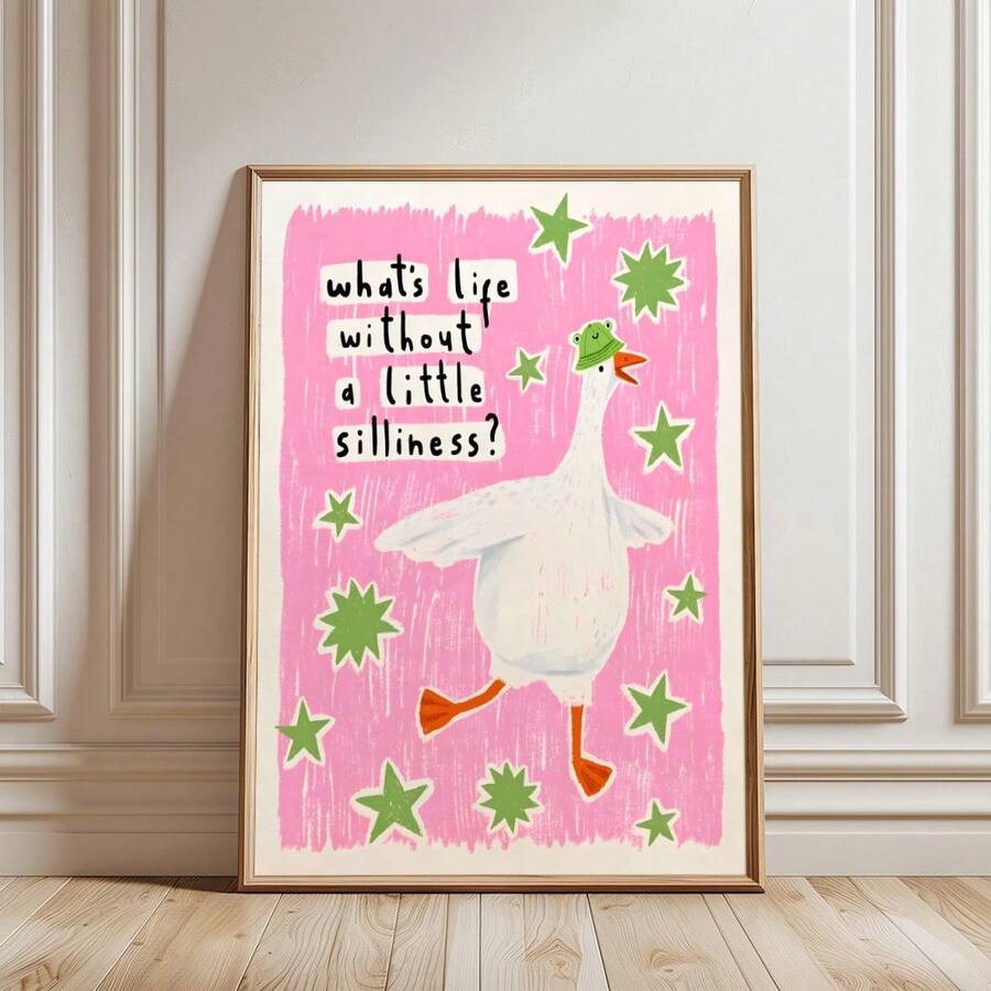 Add a touch of whimsy to any child's space with this charming goose wall art. Featuring a playful silly quote, it brings humor and personality to kids' rooms, nurseries, and playrooms. The vibrant multicolor graphic design appeals to both boys and girls, making it a versatile choice for any decor style. Perfect for birthdays, baby showers, or simply brightening up a bedroom. Easy to display and built to last, this delightful piece sparks joy and imagination in young minds.