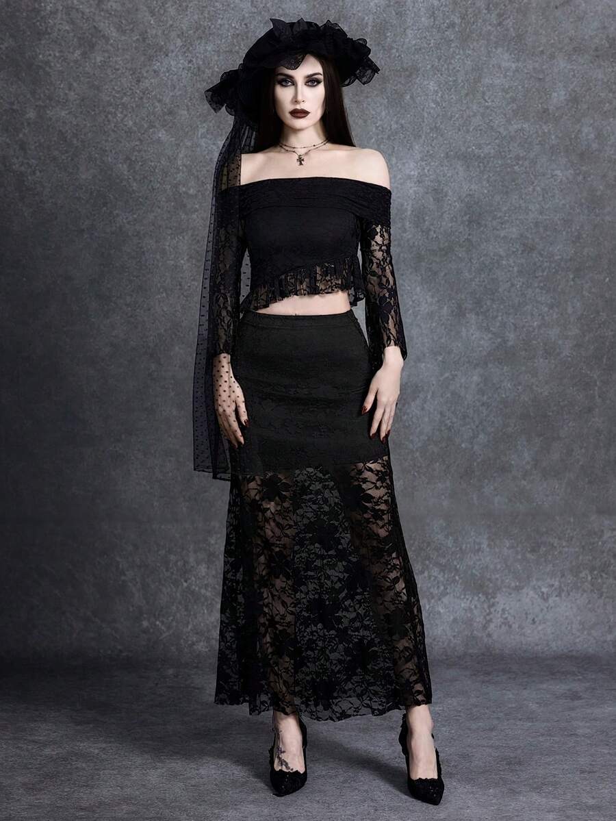 Front view of black gothic off shoulder lace top and long skirt two piece set