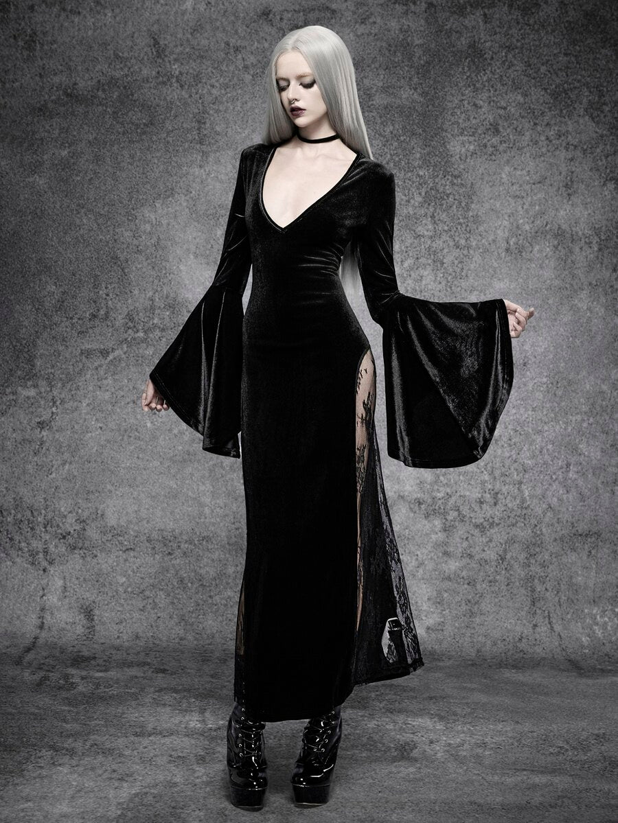 Front view of black gothic velvet maxi dress with deep V neck, cloak sleeves, and lace side split