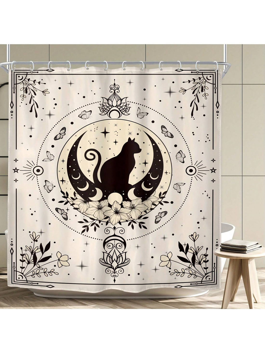 Add a touch of mystical charm to your bathroom with this Gothic Bohemian Black Cat shower curtain. Featuring a modern beige background adorned with enchanting moon phases and a sleek black cat design, it brings playful elegance to your space. Made from waterproof material and equipped with 12 sturdy hooks, it’s both stylish and practical for everyday use. Transform your bathroom into a whimsical retreat with this unique decor piece!