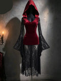 Front view of burgundy velvet hooded gothic dress with black lace bell sleeves