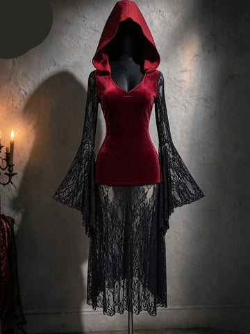 Front view of burgundy velvet hooded gothic dress with black lace bell sleeves
