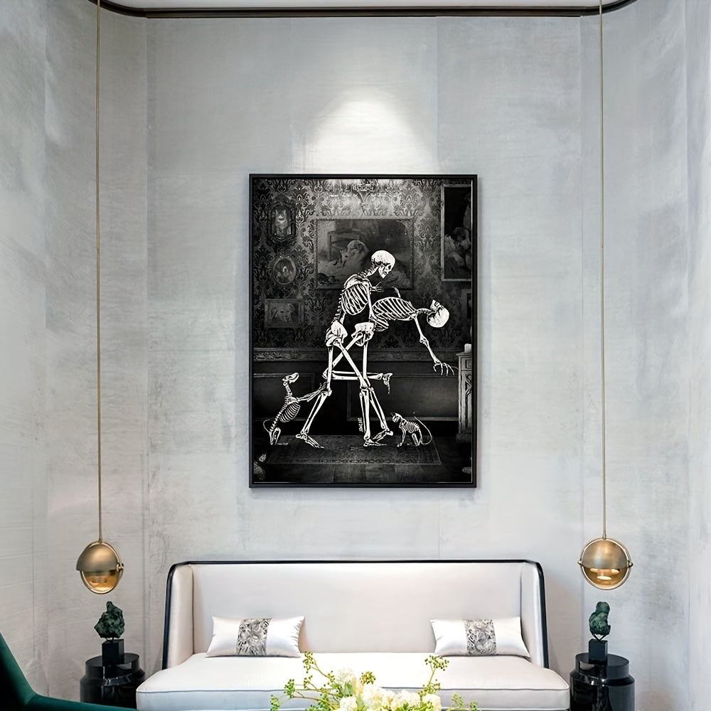 Add a spooky yet charming touch to your home with this Gothic Canvas Wall Art featuring a skeleton and its beloved pet companions. Perfect for Halloween and Valentine's Day, this high-quality art piece will make a unique addition to any room. Made with durable canvas material for long-lasting beauty.