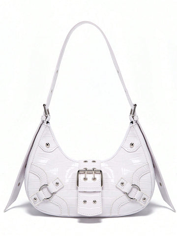 With its sleek white crocodile design and striking metal buckles, the Gothic Chic Shoulder Bag adds a touch of edgy sophistication to any outfit. The durable material and secure buckles ensure your belongings stay safe while exuding a chic and modern style.