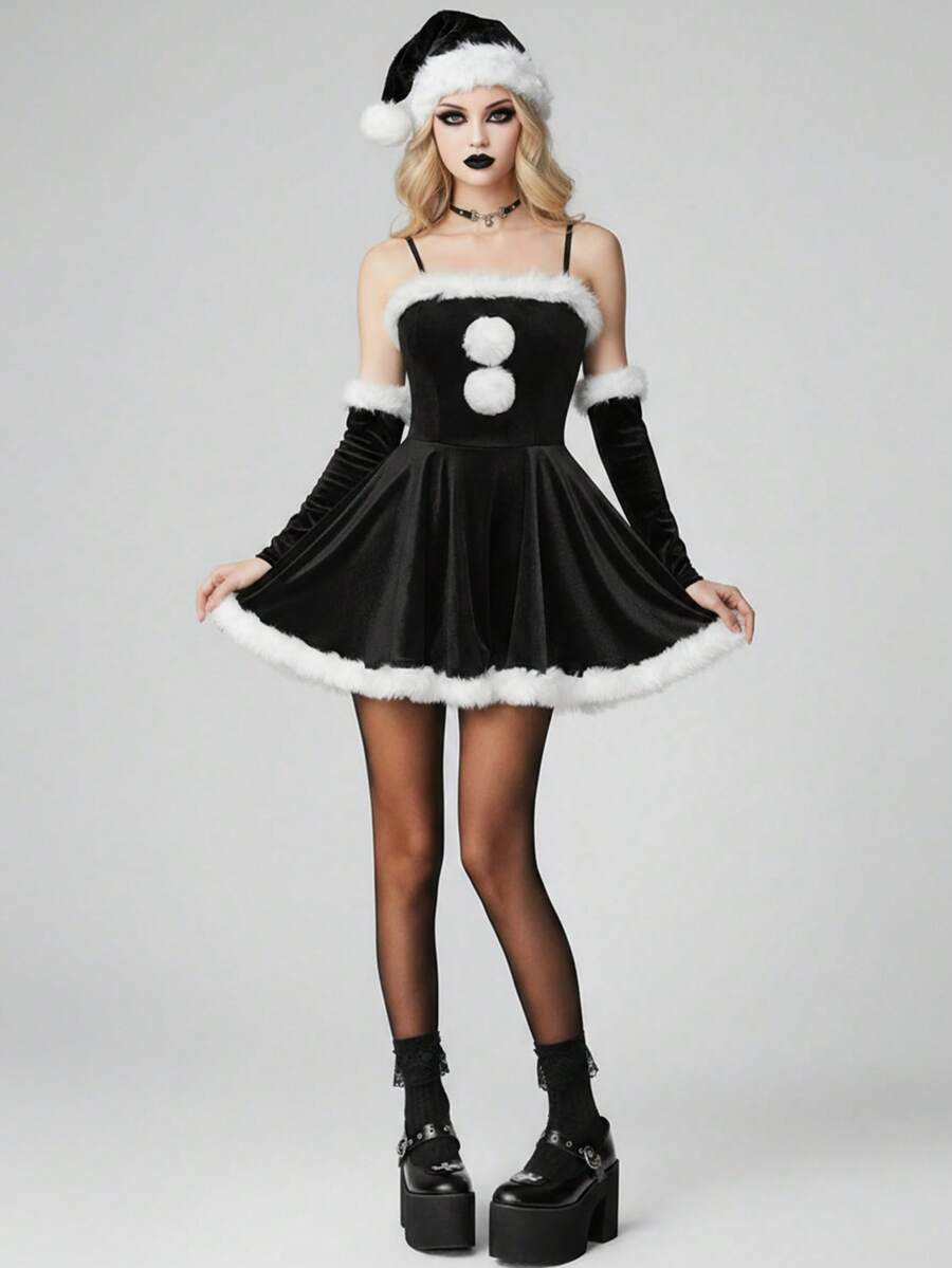 Model wearing black faux fur trim gothic mini dress with white pom poms and separate arm sleeves