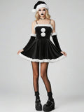 Model wearing black faux fur trim gothic mini dress with white pom poms and separate arm sleeves