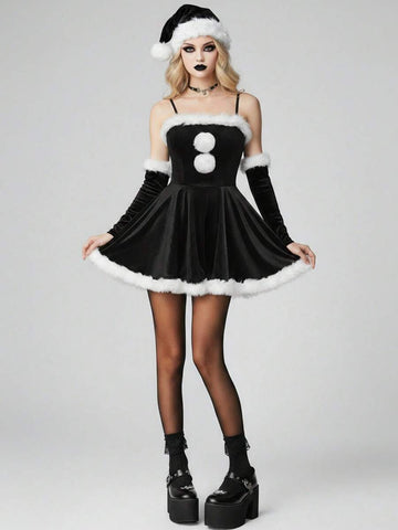 Model wearing black faux fur trim gothic mini dress with white pom poms and separate arm sleeves