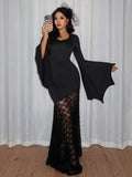 Front view of black gothic bodycon maxi dress with flared split sleeves and lace skirt panel