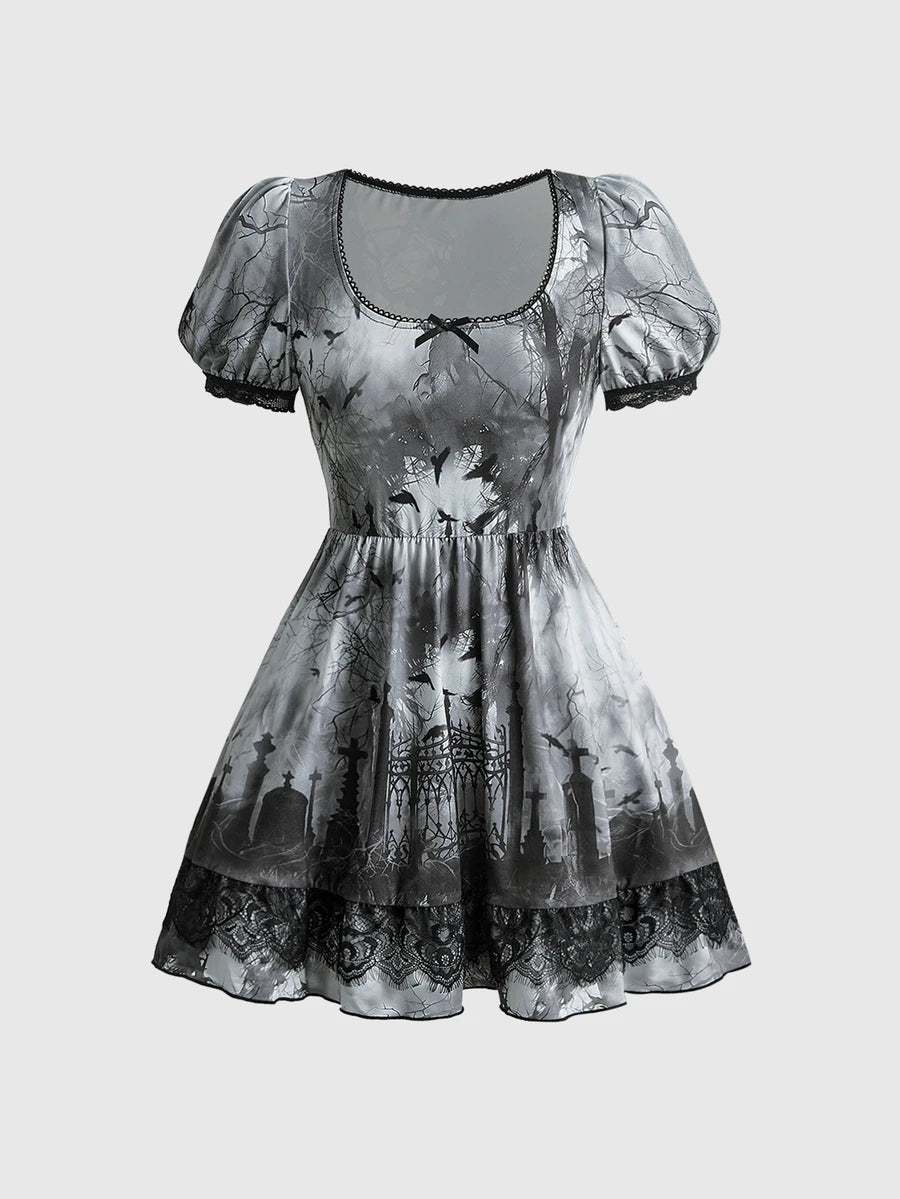 Gothic Cross Print Mini Dress with Petal Sleeves and Bow Detail for Women 