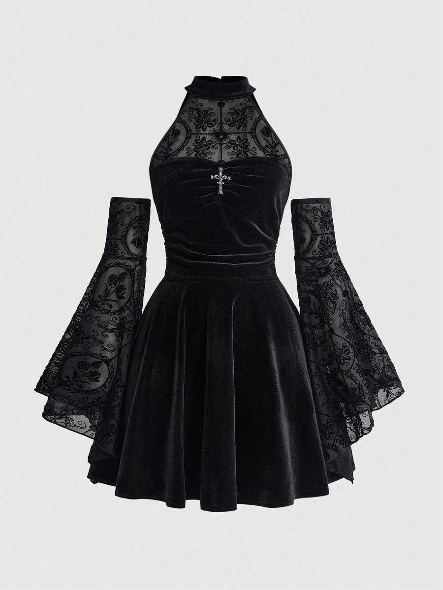 Front view of black gothic halter fit-and-flare dress with flocked mesh arm sleeves