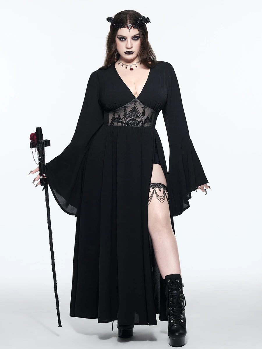 Front view of black gothic plus size maxi dress with embroidered mesh waist and thigh slit