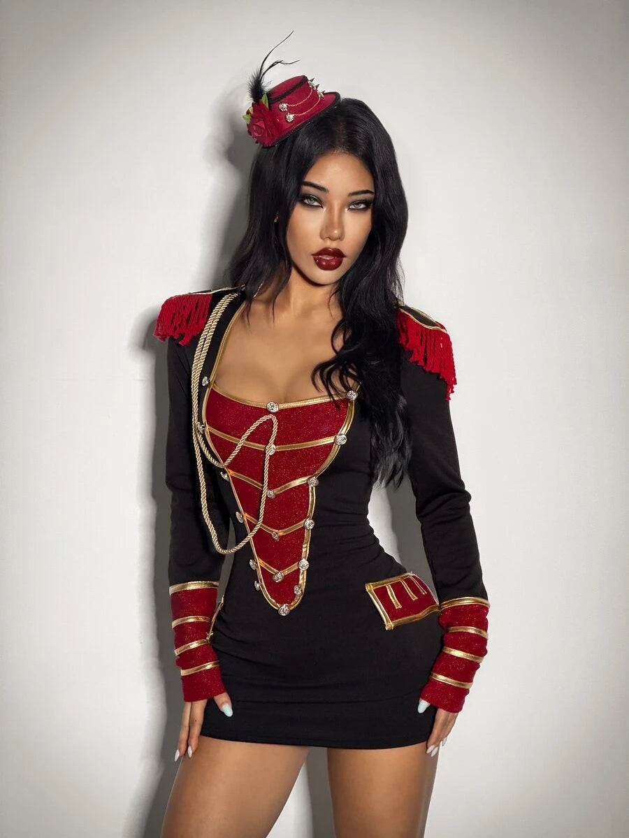 Front view of black red and gold military costume mini dress with tassel epaulettes
