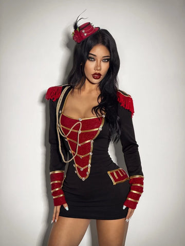 Front view of black red and gold military costume mini dress with tassel epaulettes