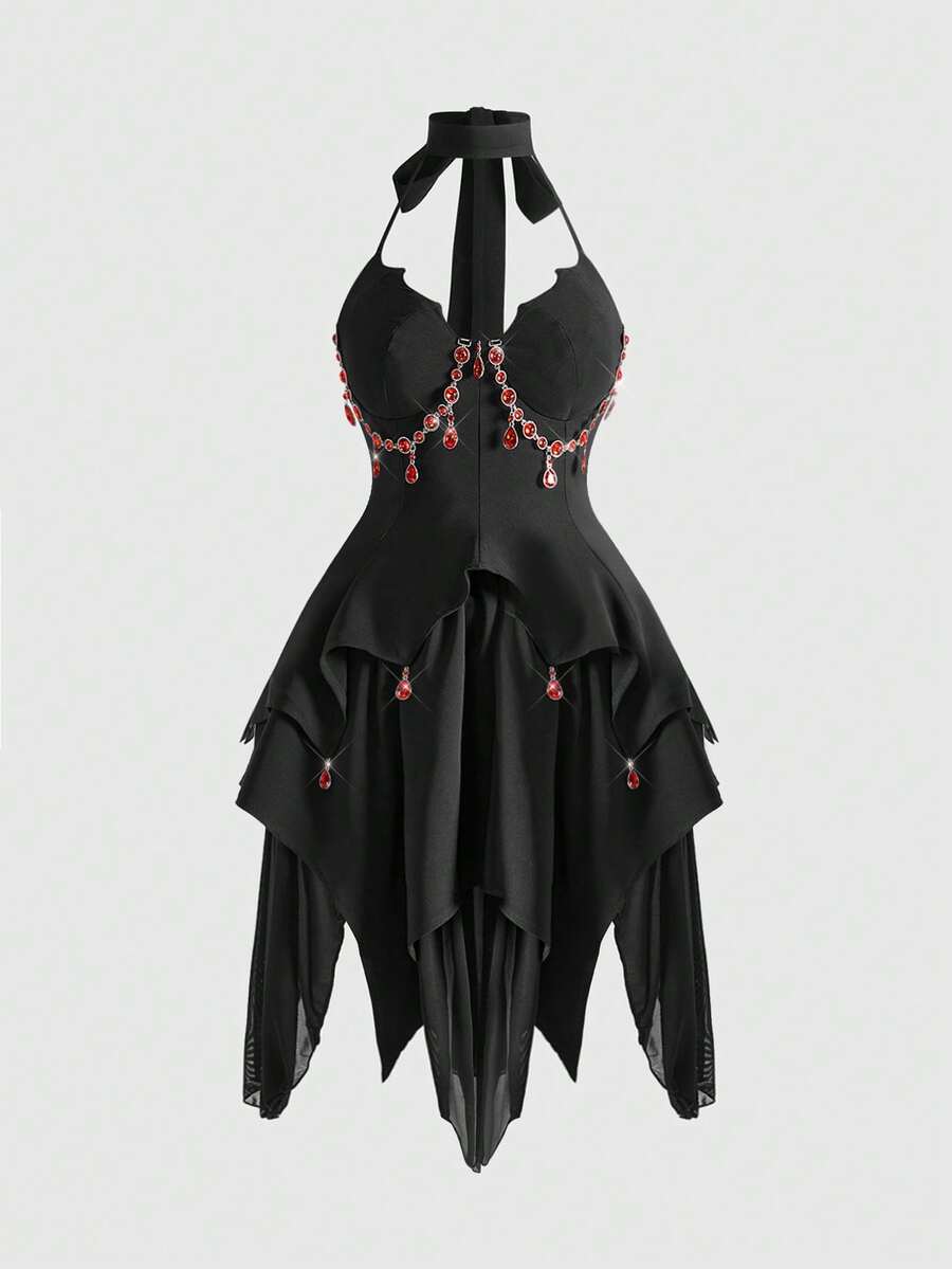Front view of black gothic halter mini dress with red rhinestone detail and layered asymmetric skirt