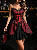 Model view of red rose jacquard corset mini dress with black flared skirt and red lace-up front