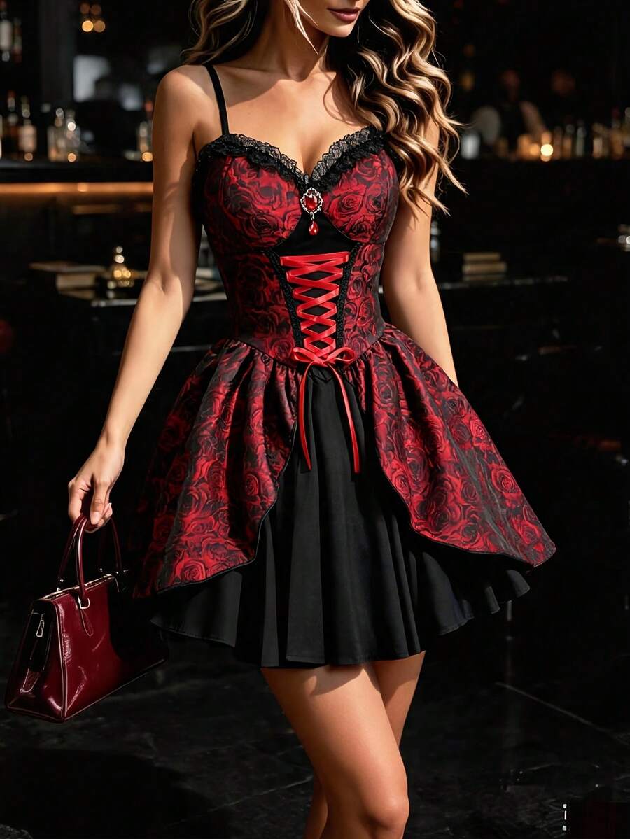 Model view of red rose jacquard corset mini dress with black flared skirt and red lace-up front