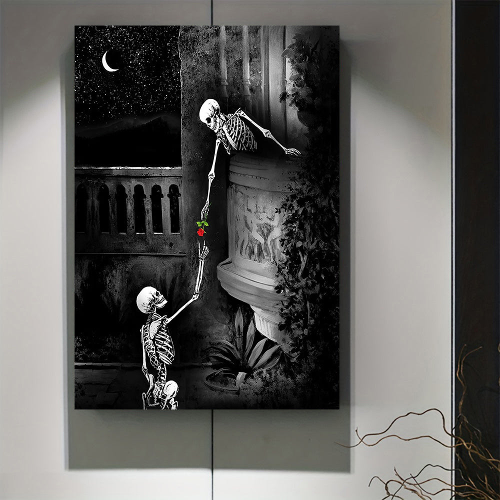 This Gothic Skeleton Love Canvas Print is the perfect addition to your home decor. Its intricate skull-themed design adds a unique ambiance to any room. Made with high-quality canvas, it is a durable and stylish choice. Bring a touch of gothic romance to your home with this one-of-a-kind wall decor.