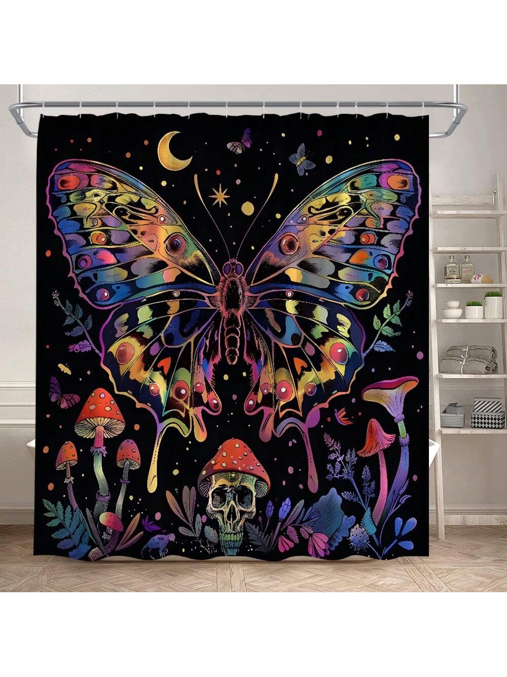 Transform your bathroom into a witchy oasis with our Gothic Skull and Butterfly Shower Curtain. The spooky skeleton and colorful plant design adds a touch of quirk and charm to your space. Upgrade your bathroom with this unique and playful addition. (Boo-tiful!)