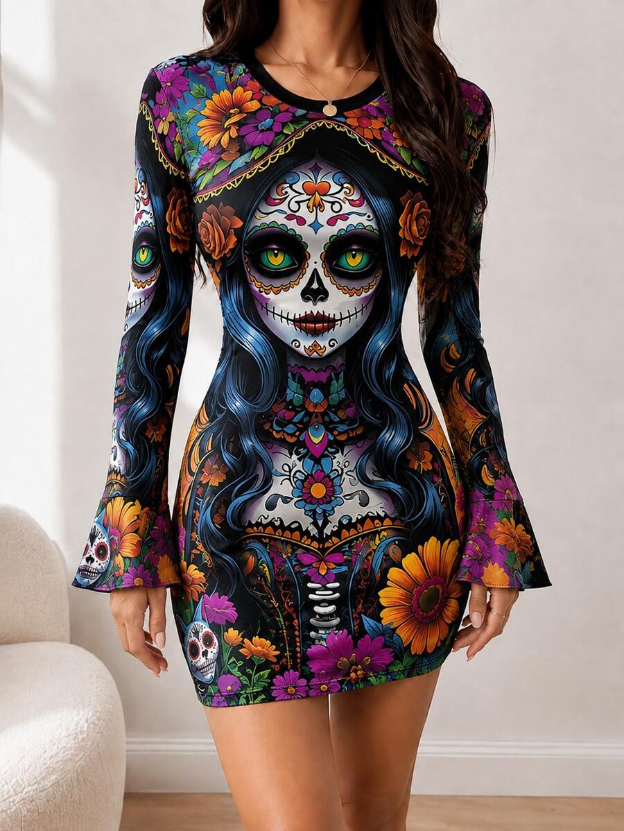 Front view of black multicolor sugar skull floral bell sleeve bodycon mini dress