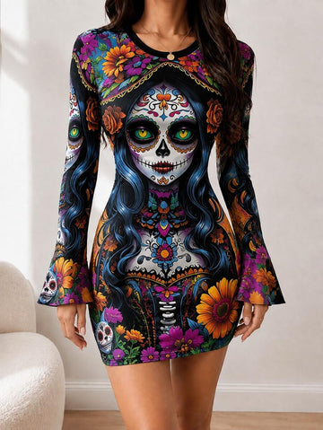 Front view of black multicolor sugar skull floral bell sleeve bodycon mini dress