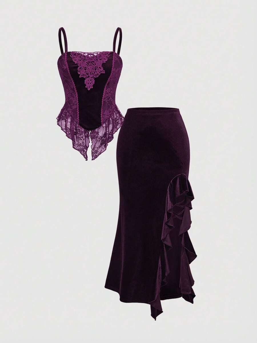 Purple gothic velvet camisole and asymmetric ruffled maxi skirt set front view