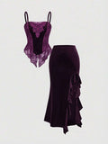 Purple gothic velvet camisole and asymmetric ruffled maxi skirt set front view