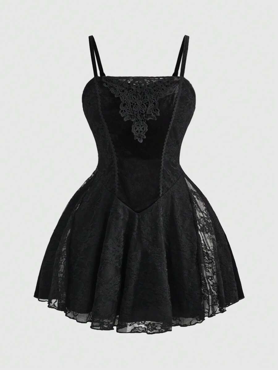 Black velvet slip dress with floral lace bodice detail