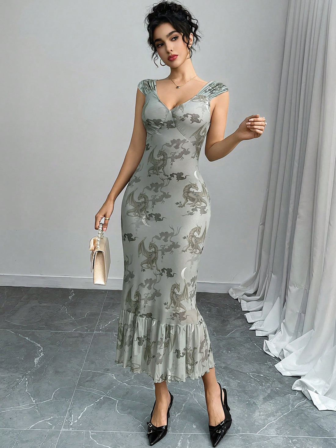 Step into a world where vintage charm meets mythical allure. This Gothic Vintage Dragon Print Midi Dress features a flattering V-neck and delicate mesh fabric, creating a light, airy feel. The playful ruffle hem adds a flirty twist, perfect for turning heads at any occasion. Embrace your inner dragon queen with this enchanting dress that blends classic gothic vibes with a modern, whimsical touch.