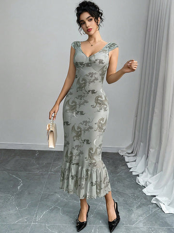 Step into a world where vintage charm meets mythical allure. This Gothic Vintage Dragon Print Midi Dress features a flattering V-neck and delicate mesh fabric, creating a light, airy feel. The playful ruffle hem adds a flirty twist, perfect for turning heads at any occasion. Embrace your inner dragon queen with this enchanting dress that blends classic gothic vibes with a modern, whimsical touch.