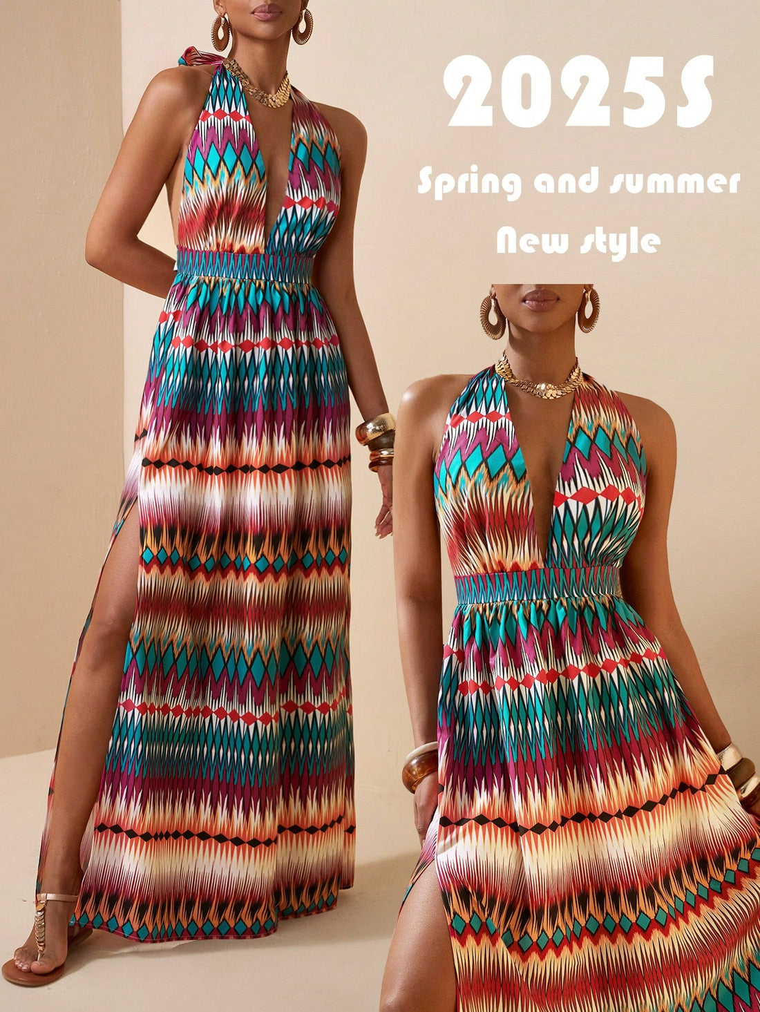 Turn heads this summer with the Gradient Diamond Siren Maxi. Featuring a flirty halter neck, a daring deep V, and a backless design, this dress brings all the drama. The thigh-high slit adds a cheeky twist, perfect for dancing the night away or stealing the spotlight at any event. Embrace your inner siren and shine bright all season long!