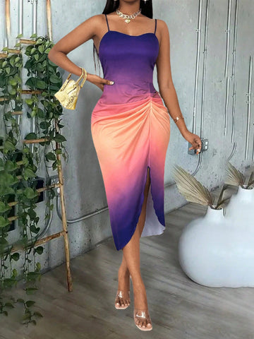 Elevate your style with our Gradient Print Bodycon Dress. The sleek and stylish design features pleats and a slit, making it perfect for any occasion. The gradient print adds a touch of uniqueness, while the bodycon fit flatters your figure. Make a statement with this must-have dress.