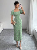 Green floral puff sleeve fitted midi dress front view