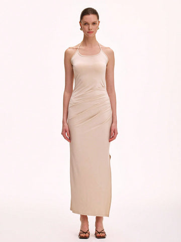 Green Spaghetti Strap Pleated Fitted Dress for Women