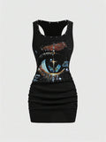 Fitted grunge mini dress with animal-inspired print detail