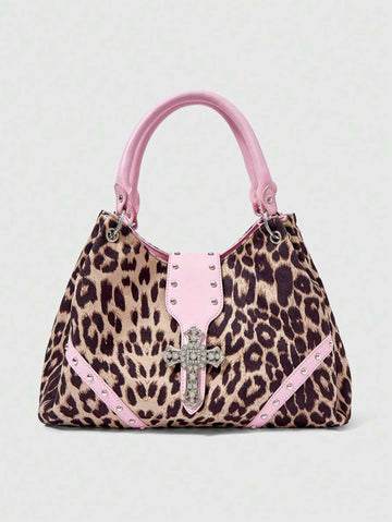 Front view of patterned grunge punk hobo shoulder bag with silver cross hardware