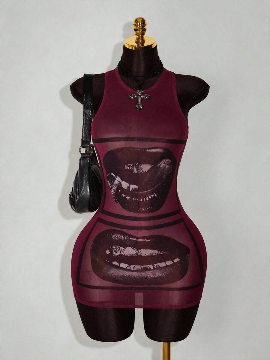 Burgundy mesh bodycon mini dress with black lip graphic front view